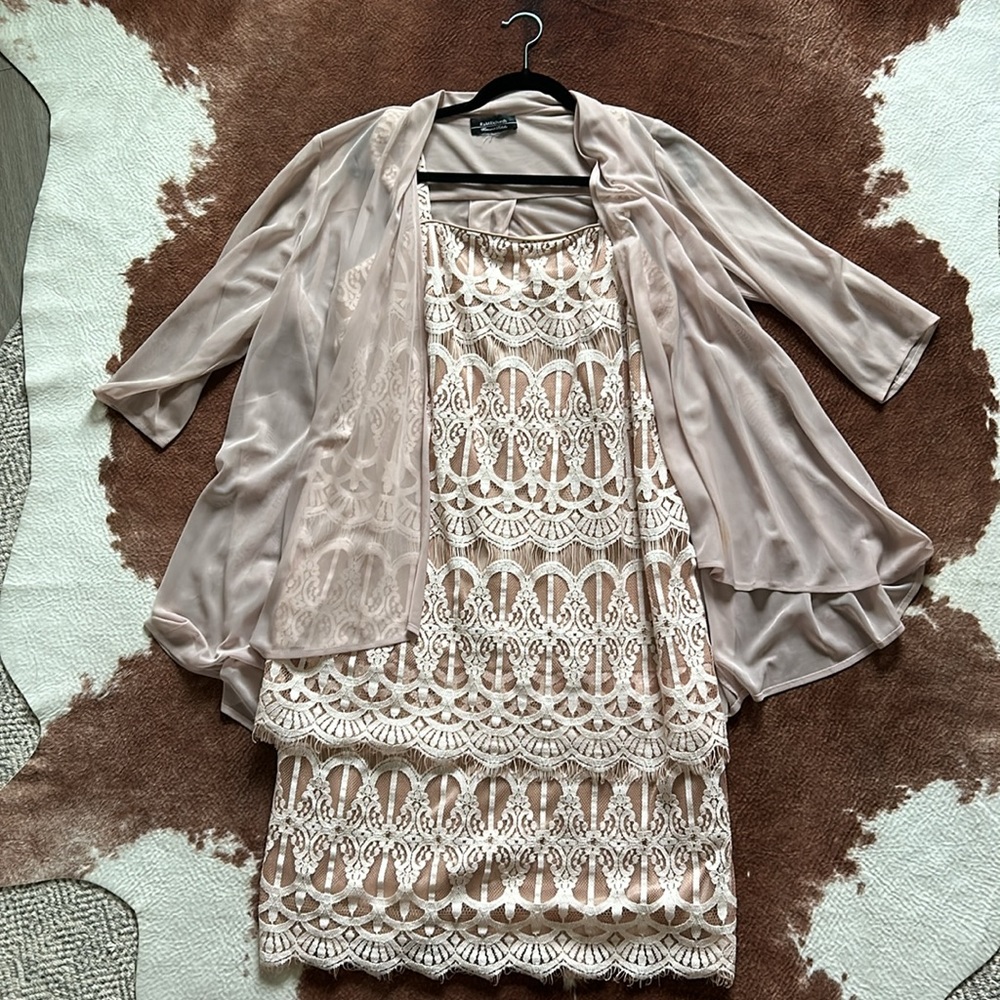 Blush Cream Lace Midi Formal Dress with Chiffon 3/4 Sleeved Shawl, WORN ONCE!